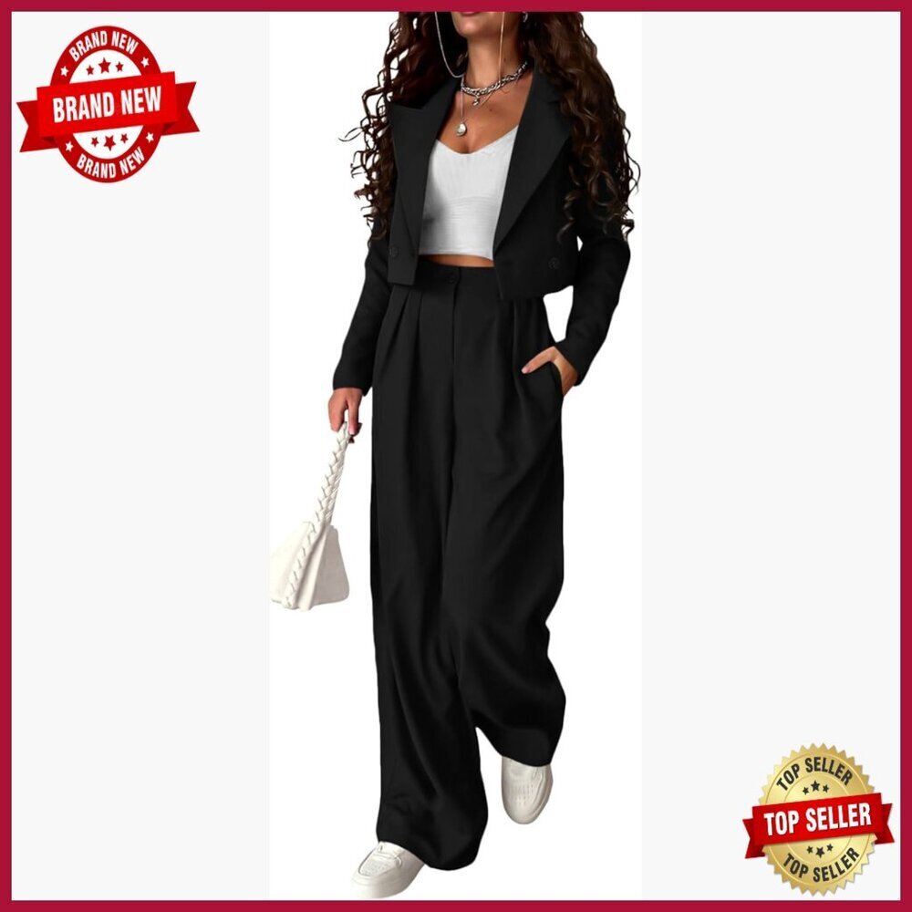 Cropped Blazer Wide Leg Pants Suit Set Business Casual Work Office